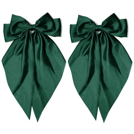 Dark Green Satin Long Tail Large Hair Bows for Women - 2Pcs Wedding Prom Gift Ribbons, Clips and Accessories