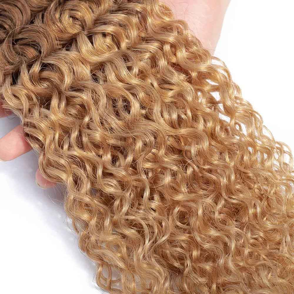 LOIUMGUU T4/27 Honey Blonde Highlight Bundles Ombre Brown Kinky Curly Human Hair 3 Bundles 10 12 14 Inch Brazilian Virgin Human Hair Dark Brown to Honey Blonde for Women Hair Extension