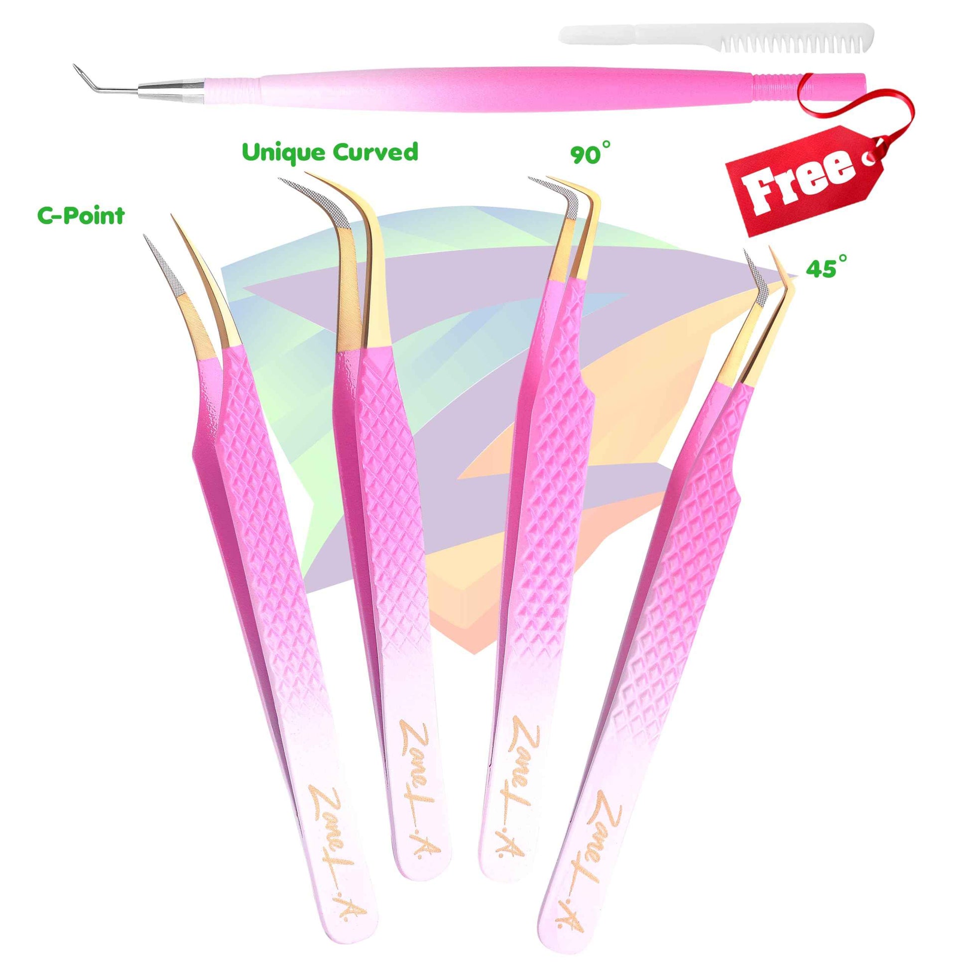 Zane L.A. Nano Fiber Tip Professional Eyelash Extension Tweezers, a pack of 4, Quality tweezers made with Japanese Stainless Steel, FREE Eyelash Separator. (Pink and White)