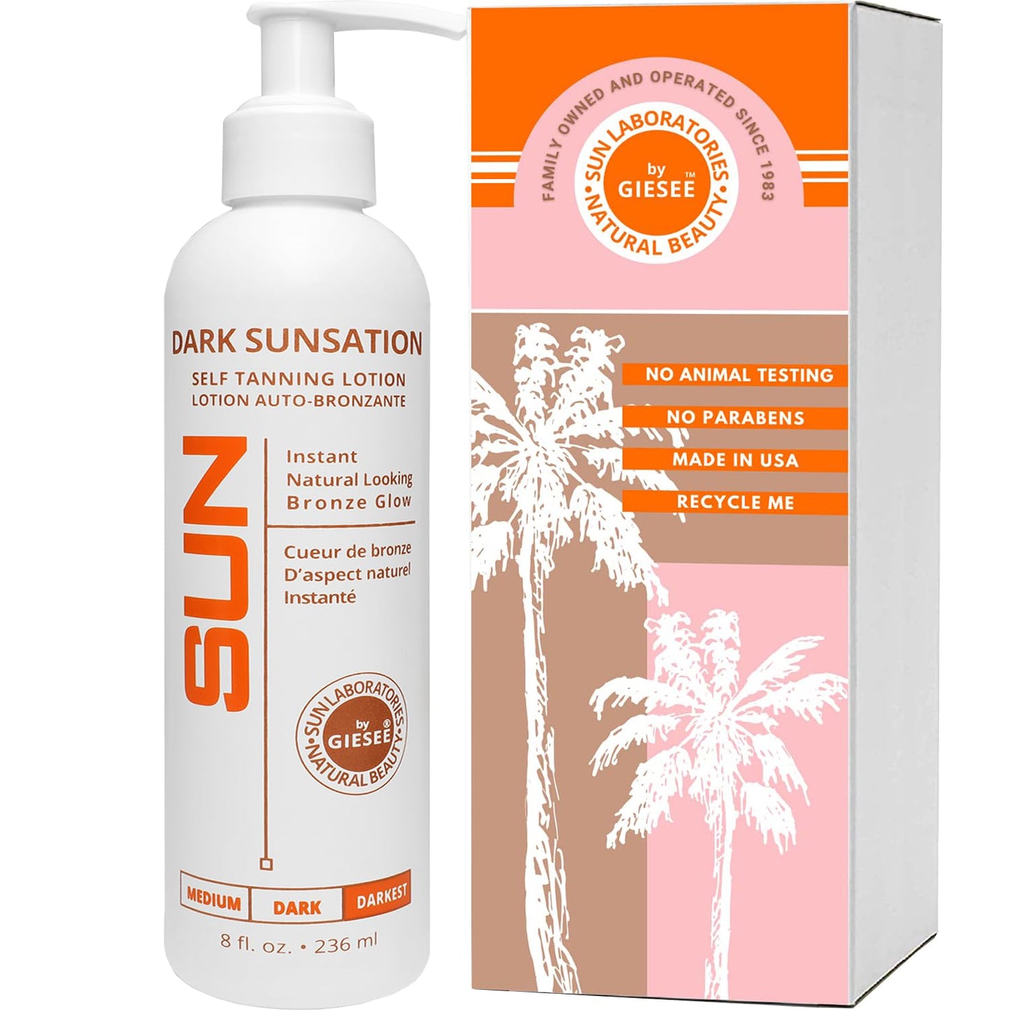 Sun Laboratories By Giesee Dark Sunsation Sunless Tanning Lotion 8 oz - Ultra Dark Self Tanner for Men and Women, Long Lasting Tanning Lotion, Sunless Tanner Cream for Face and Body