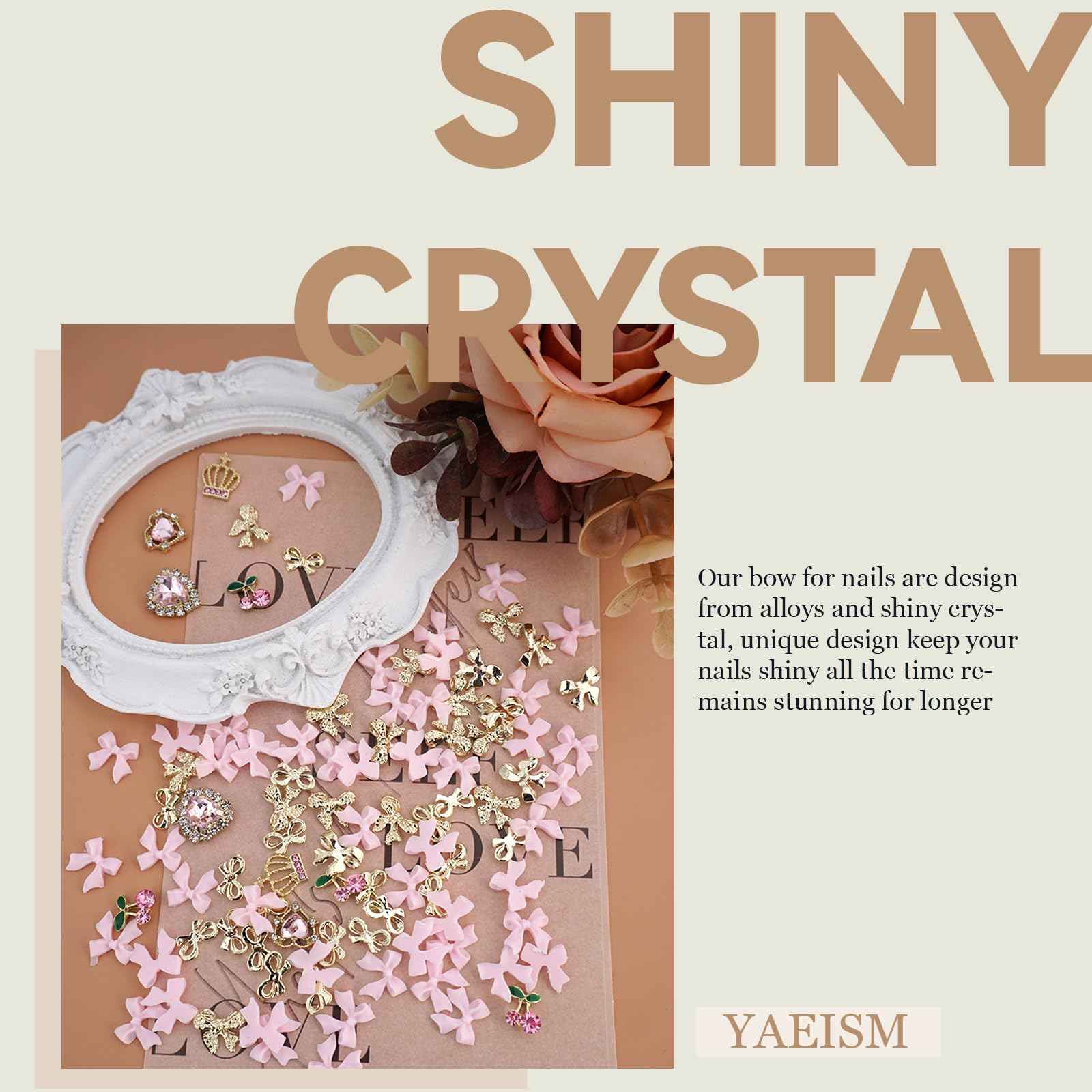 YAEISM 100PCS Gold Nail Charms 3D Valentine's Day Pink Heart Nail Charms Crystal Heart Nail Gems Shiny Bow Nail Charms Acrylic Bowknot for Women DIY Crafts Decoration