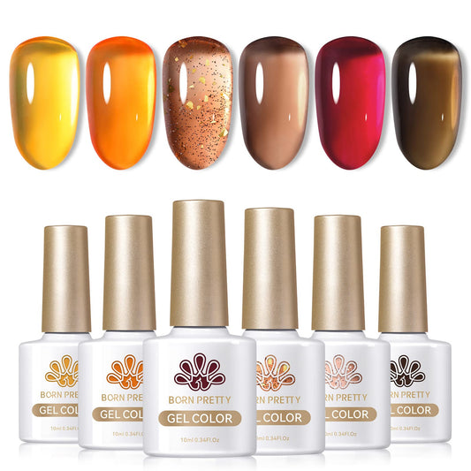 Born Pretty Jelly Gel Nail Polish Sheer Crystal Transparent Gel Polish Set Fall Winter Translucent Clear Gel Polish Red Coral Burnt Orange Grey Amber Brown 6 Colors Manicure Kit