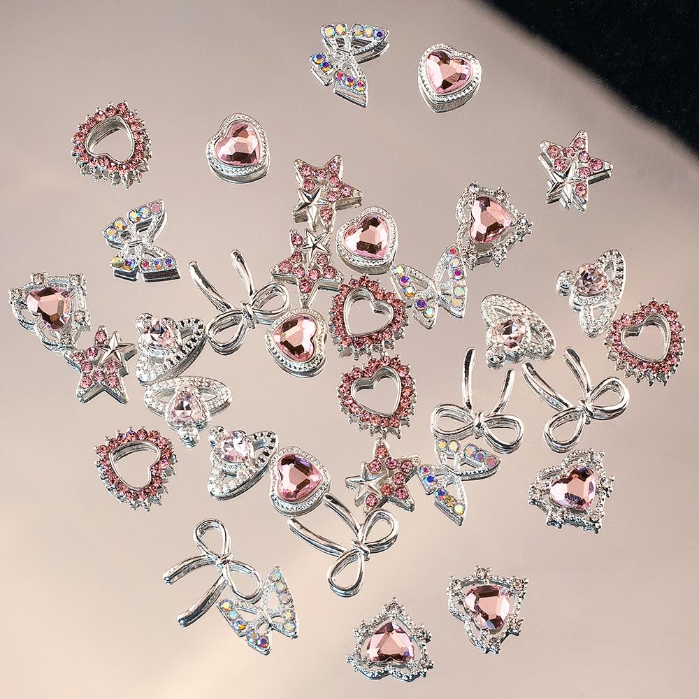 35PCS Pink and Silver Nail Charms for Acrylic Nails - Bow, Crown, Heart, Butterfly, and Star Nail Art Decorations for DIY Manicure and Crafts