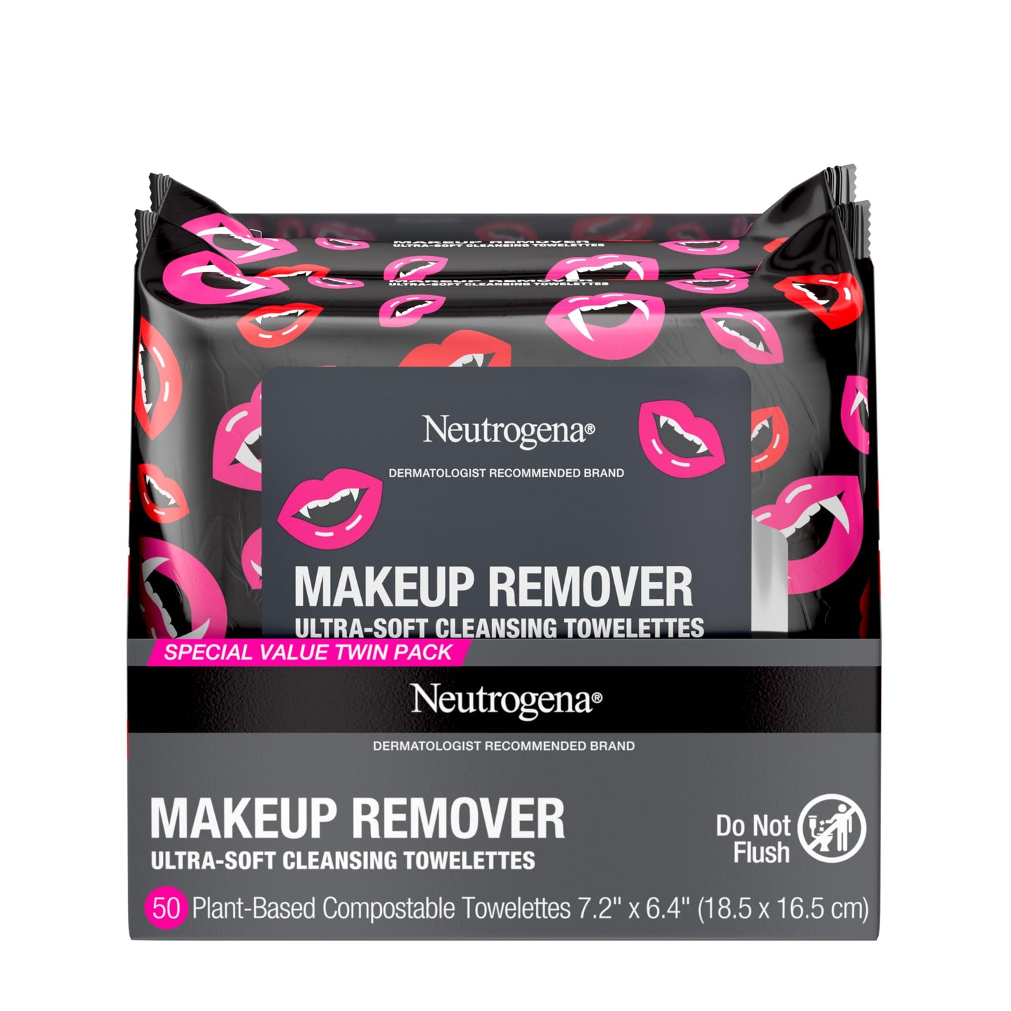 Neutrogena Makeup Remover Face Wipes, Daily Facial Cleansing Towelettes, Gently Removes Oil & Makeup Including Stubborn Halloween Makeup, 100% Plant-Based Fibers, Twin Pack, 2 x 25 ct