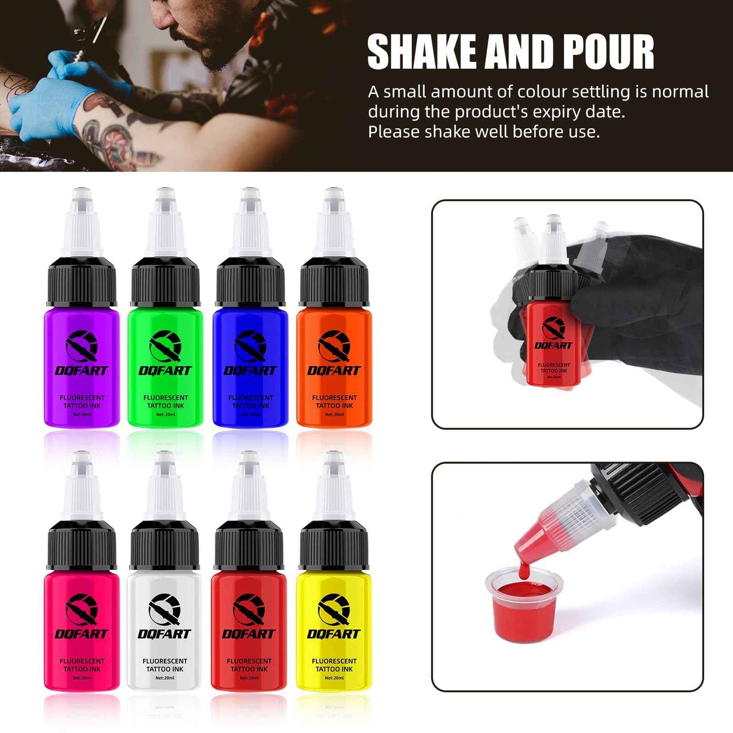 DQFART Tattoo Fluorescent Ink 0.65 oz (20ML) 8 Color UV Tattoo Ink TI-002