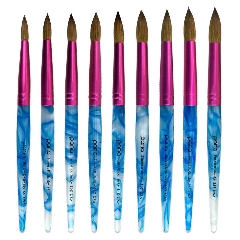 PANA USA Acrylic Nail Brush Pure Kolinsky Hair Acrylic White Swirl Blue Handle with Pink Ferrule Round Shaped - Size 12