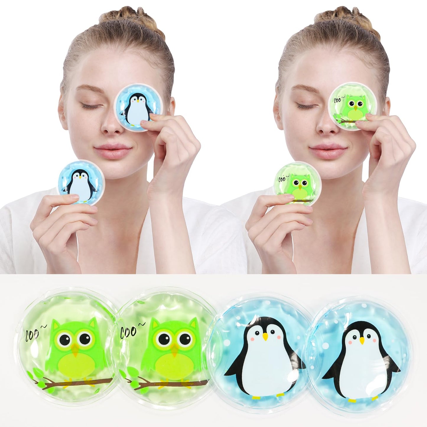 Gel Ice Pack Reusable, Cooling Eye Pads and Patches, Hot and Cold Eye Pads - Soothing, Revitalizing, Puffiness, Refresh, Relieves Stress, Relax, Relieves Puffiness and Tension(2 Penguins+2 Owls)