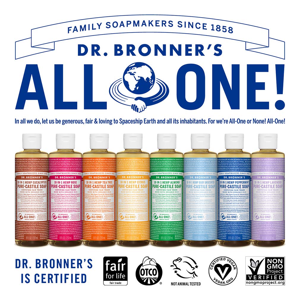 Dr. Bronner's - Pure-Castile Liquid Soap (Peppermint, 8 Ounce) - Made with Organic Oils, 18-in-1 Uses: Face, Body, Hair, Laundry, Pets and Dishes, Concentrated, Vegan, Non-GMO