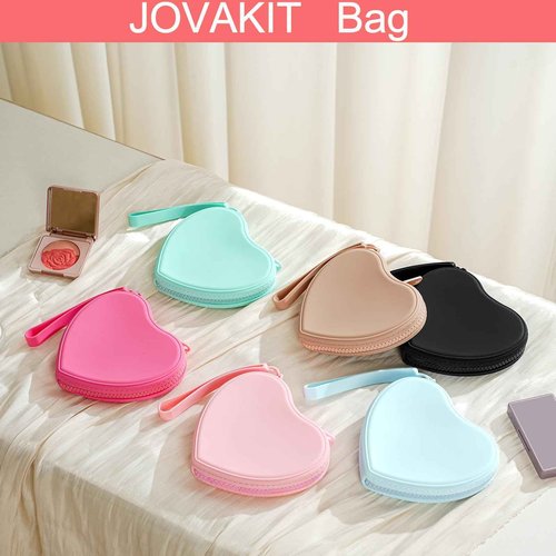 JOVAKIT Small Heart Shaped Portable Silicone Makeup Bag for Women, Travel Waterproof Cosmetic Bag Gifts for Women Girls, Zipper Closure Makeup Case with Handle (Pink)