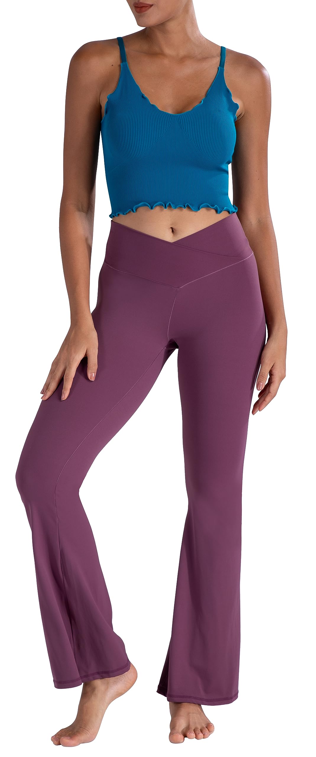 Sunzel Flare Leggings, Crossover Yoga Pants with Tummy Control, High-Waisted and Wide Leg, 30" Inseam, Burgendy X-Small