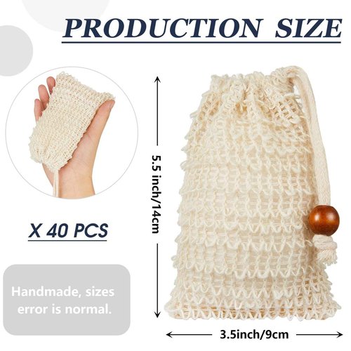 Cunhill 40 Pack Soap Saver Bag Exfoliating Sisal Soap Pouch with Drawstring Bar Wooden Bead Foaming and Drying Exfoliating Net for Bath and Shower (3.5x5.5 Inch)
