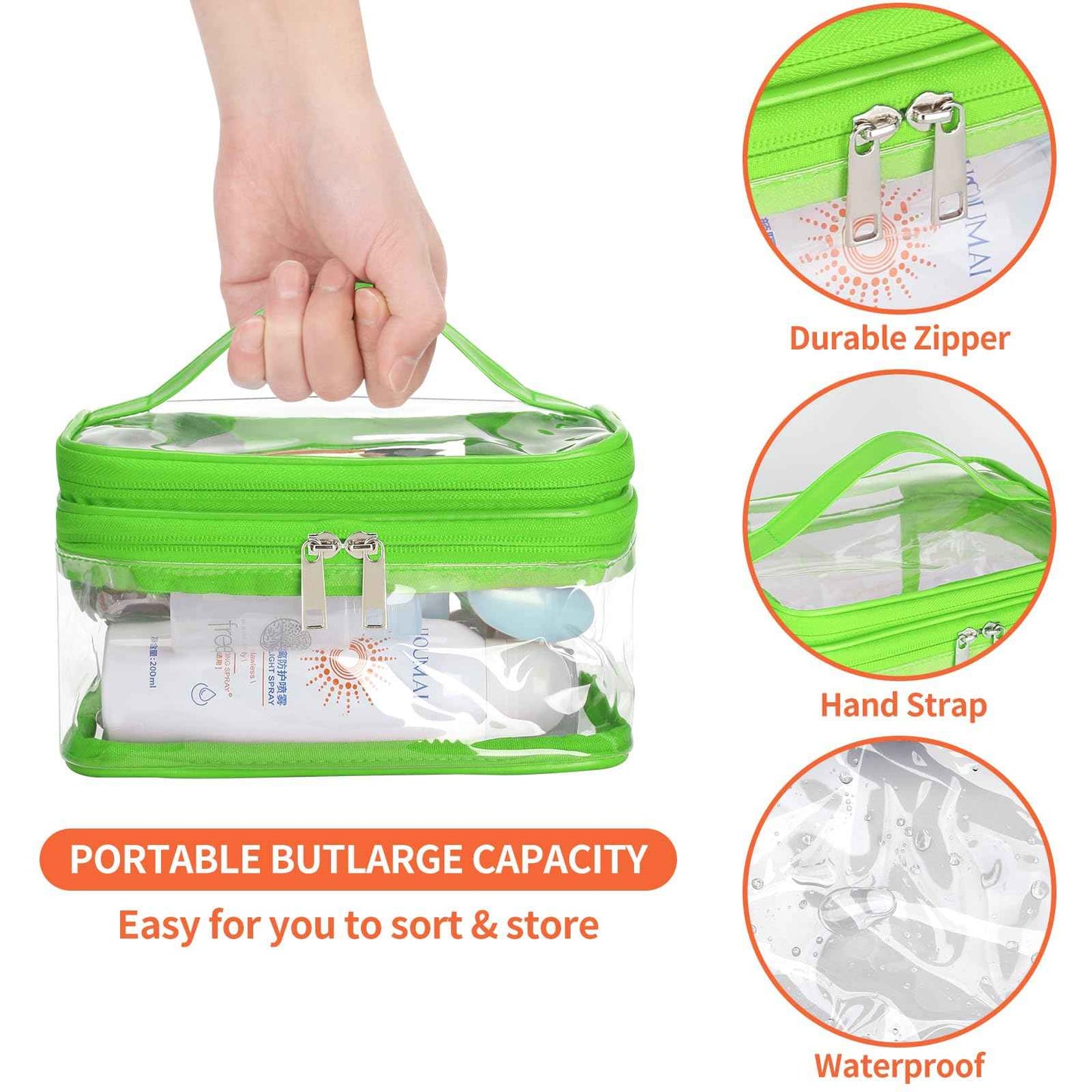 HAOGUAGUA Double Layer Clear Cosmetic Bag Makeup Bag, Waterproof Travel Toiletry Bag, Transparent PVC Pouch Organizer (Green)