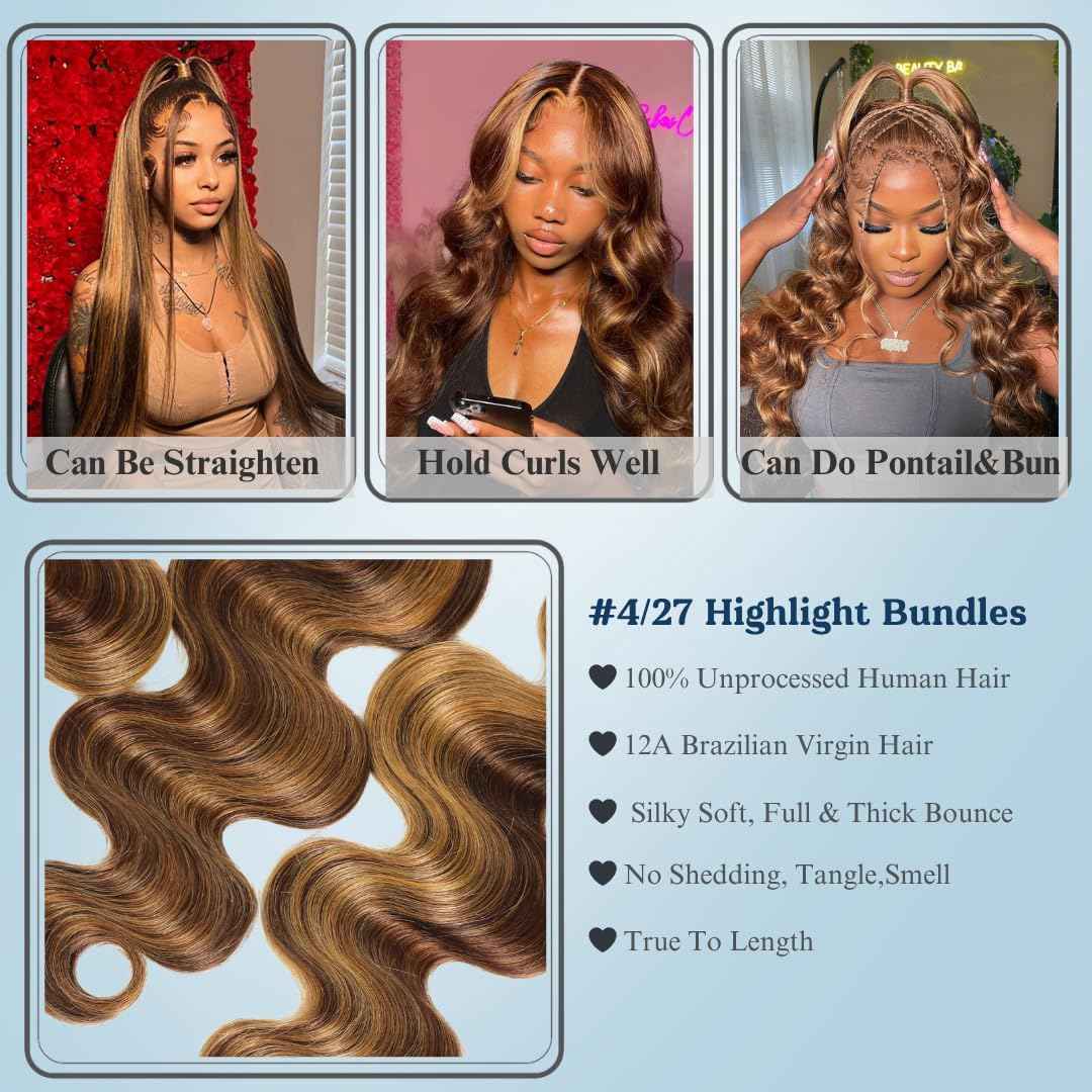 ALHER 4/27 Honey Blonde Highlight Body Wave Ombre Human Hair Bundle 14 Inch Brown Colored Bundles 12A 100% Brazilian Virgin Remy Human Hair Soft Wavy Weave 4/27 Highlight Color