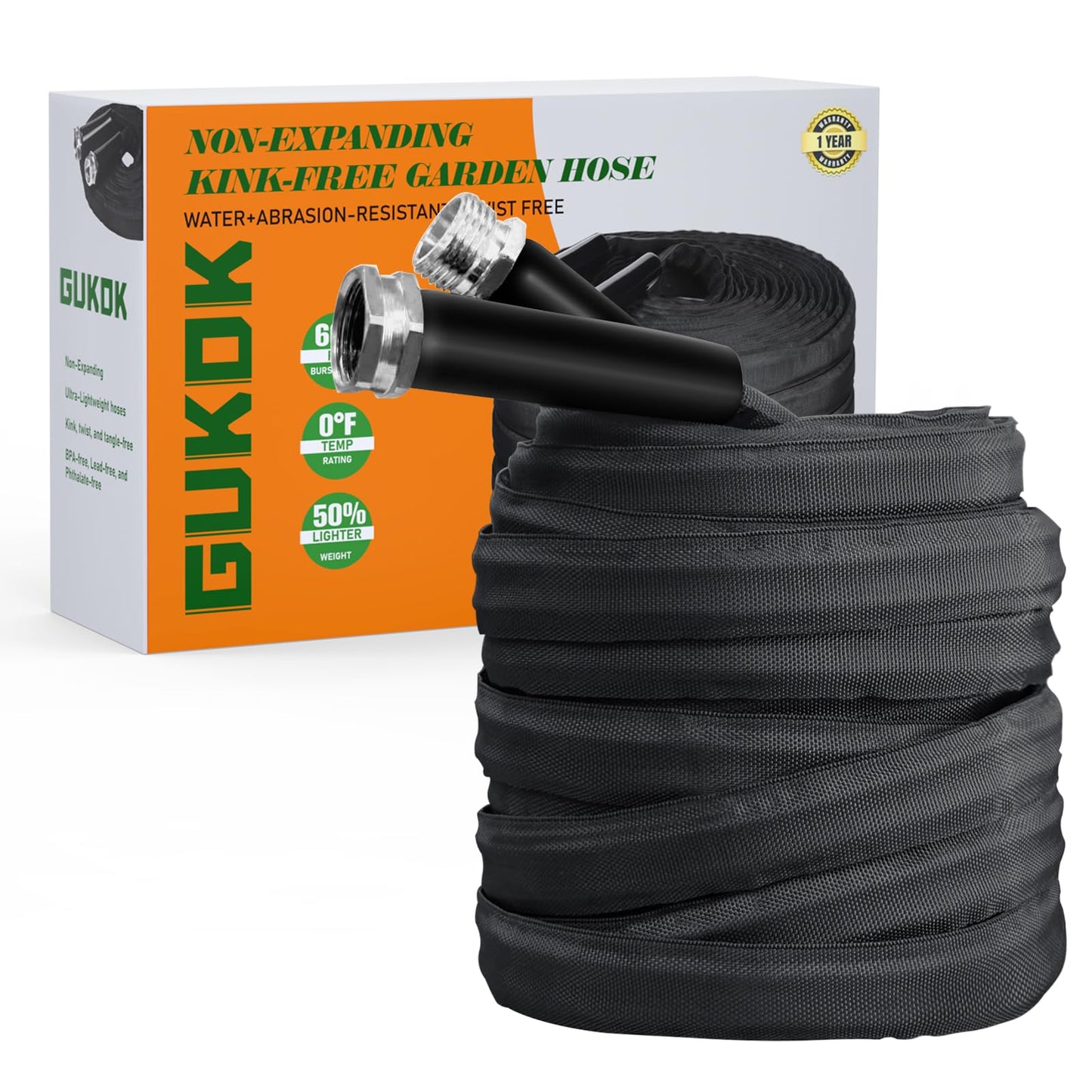 GUKOK Non-Expanding Garden Hose, Ultra Lightweight, Abrasion Resistant, Flexible, Durable, Kink-Free Garden Hose, RV, Marine and Camper Hose, 50-Feet