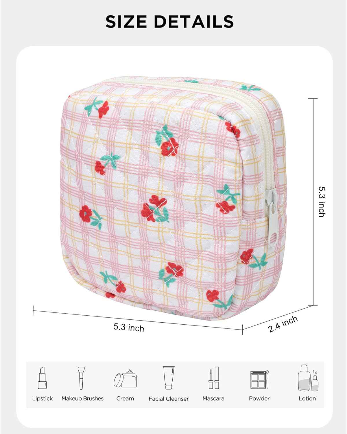 LETGO Floral Makeup Bag, Small Cosmetic Bag for Women Girls, Cute Cotton Makeup Bag, Quilted Makeup Bags, Flower Travel Make up Bag for Purse (Red Floral)