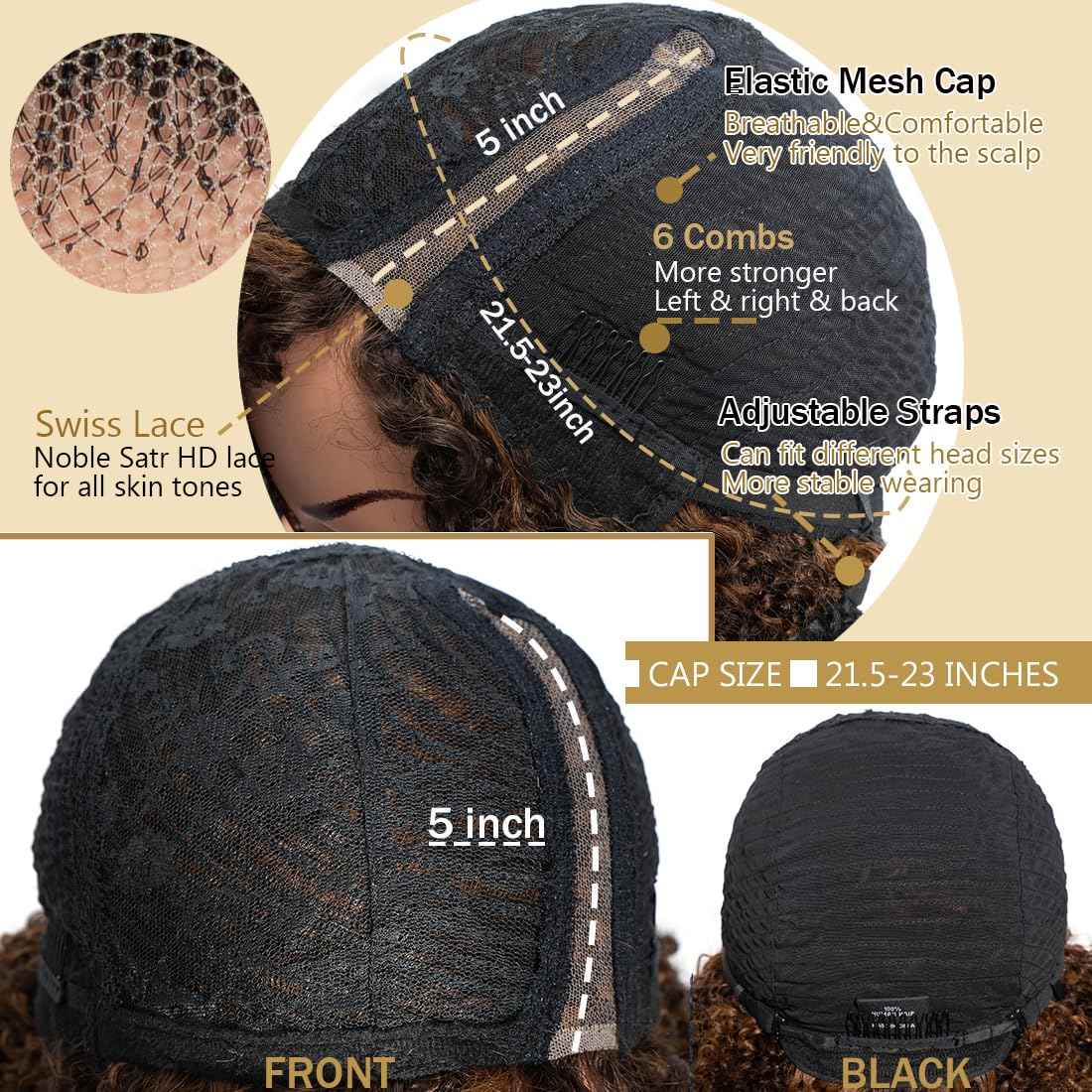 N BLE STAR 5inch Side Part HD Lace Front Wigs 10" Wear and Go Glueless Wigs Human Hair 180% Density Brazilian Virgin Hair Kinky Curly Lace Front Wig P4/30#