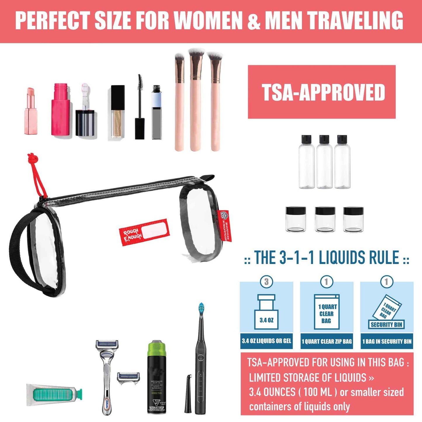 Rough Enough TSA Approved Clear Toiletry Bag for Women Travel Leakproof Makeup Organizer Cosmetic Case with handle