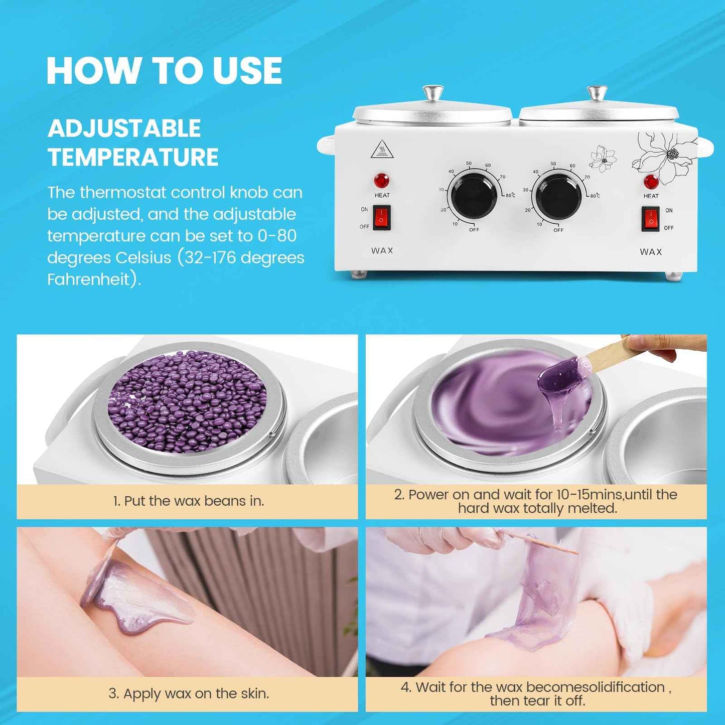 1.2L Double Pot Wax Warmer, Electric Depilatory Heater Machine with Adjustable Temperature for Hair Removal & Facial Spa, Includes 40 Wax Sticks & 20 Collars