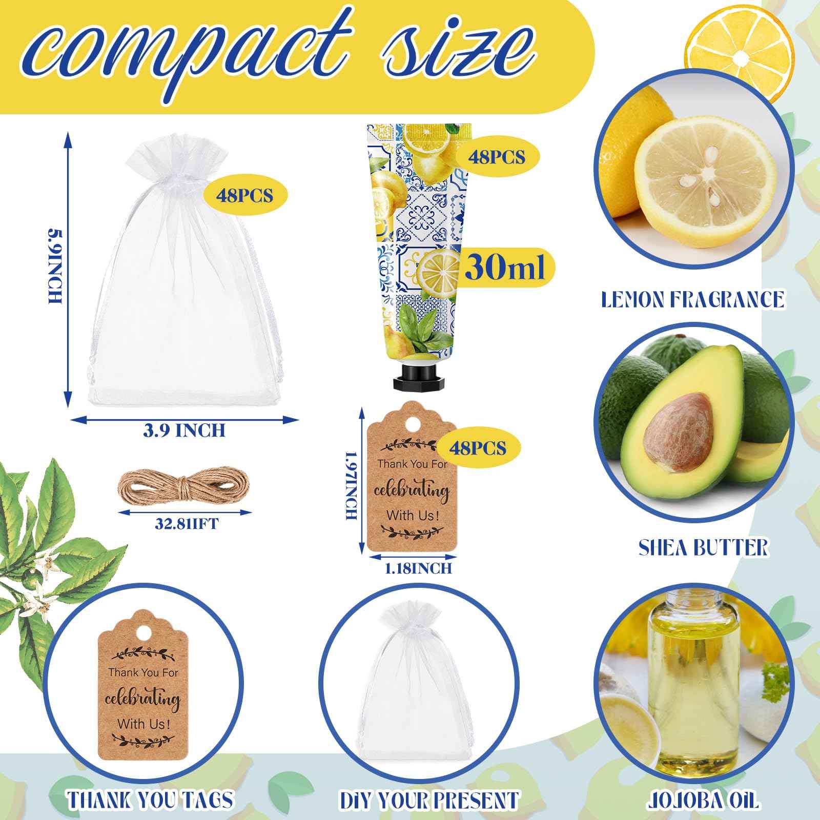 Dansib 48 Sets Christmas Baby Shower Hand Cream Gift Winter Party Favors for Guests Gift Bulk Mini Travel Size Hand Lotion Set for Guests(Lemon)