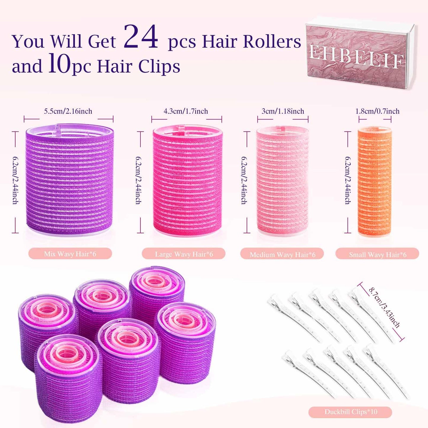 EHBELIF Jumbo Hair Rollers Set with Clips 34Pcs Rollers Hair Curlers Blowout Look Hair Roller (A-Multicolored)