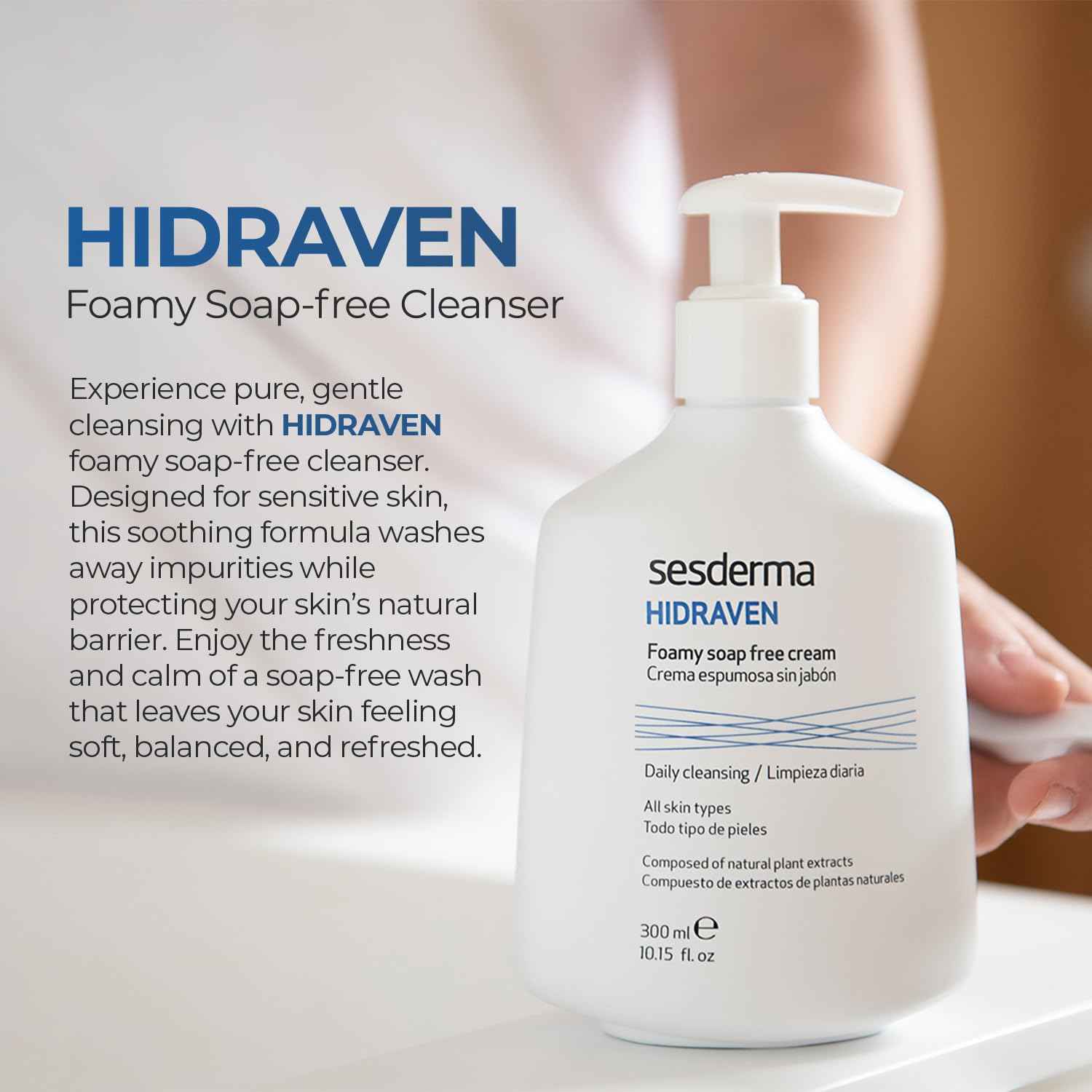 Sesderma HIDRAVEN Foamy Soap-Free Cream, Gentle Cleanser for Delicate Skin with Natural Plant Extracts, 10.2 fl oz
