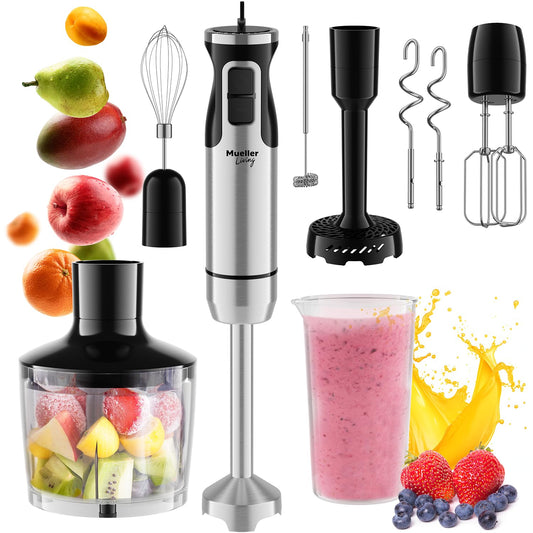 Immersion Hand Blender Full Kitchen Set - 8 Speed Immersion Blender, Hand Mixer with 7 Attachments: Stainless Steel Blade, Whisk, Milk Frother, Beater, Mixing Hooks, Potato Masher, Chopper Bowl