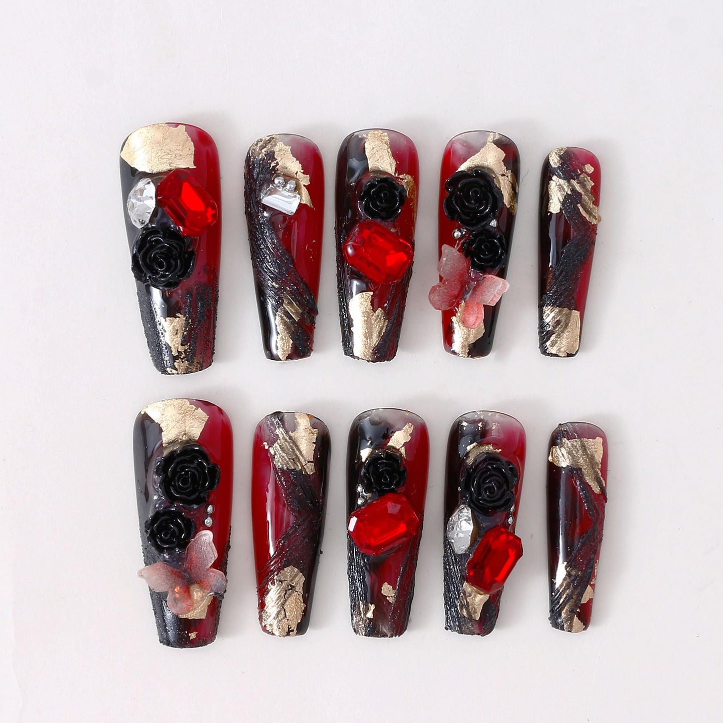 Fake Nails Handmade Press on Nails 3D Rhinestone Stylish Gel Reusable 10pcs Long Coffin Fake Nails Suitable for Halloween and Christmas (Red and Black-S)