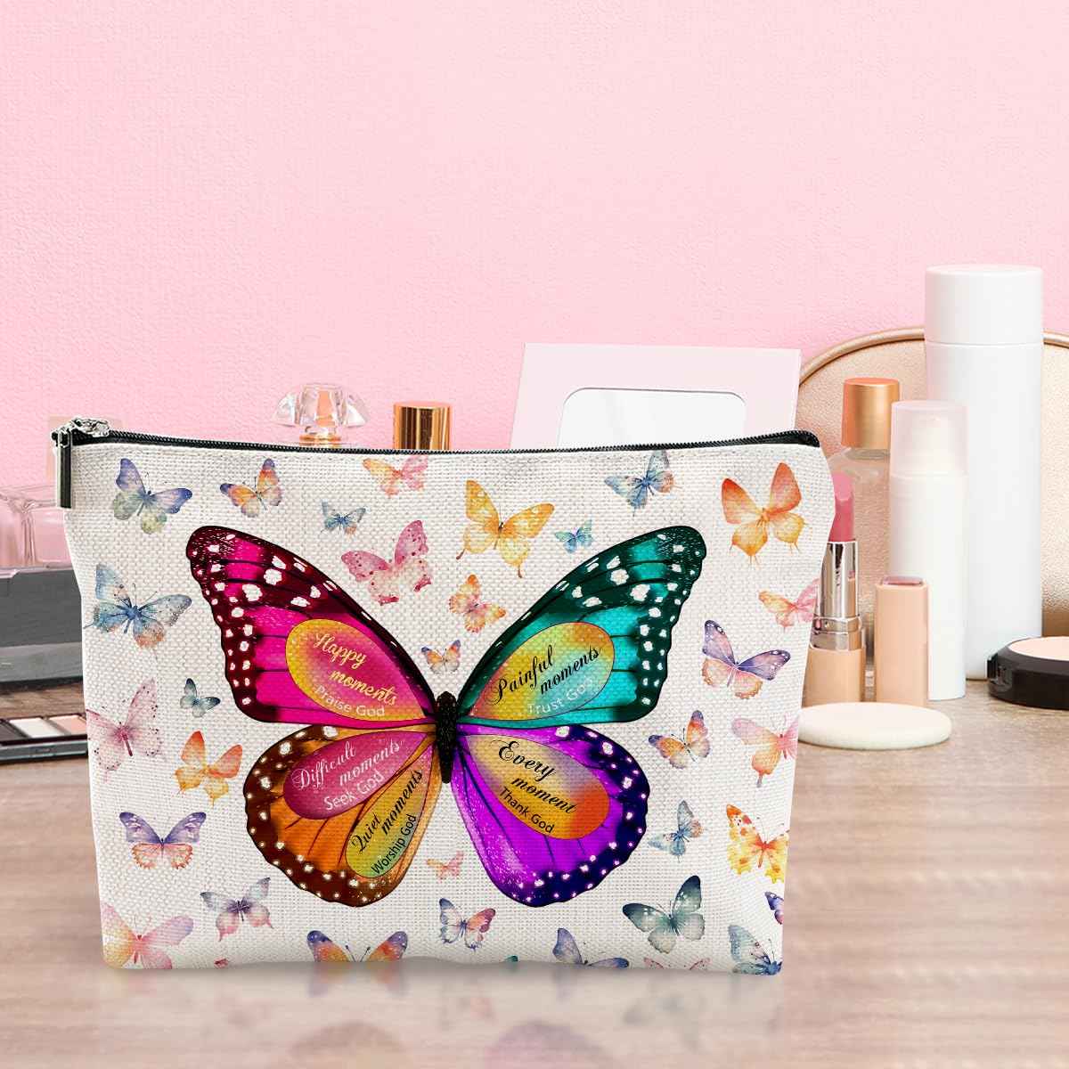 Butterfly Gifts for Women Inspirational Gifts for Friends Christian Bible Gifts Butterfly Lover Makeup Bag Zipper Organizer Cosmetic Bag Travel Accessories for Birthday Gift to Daughter Sister BFF