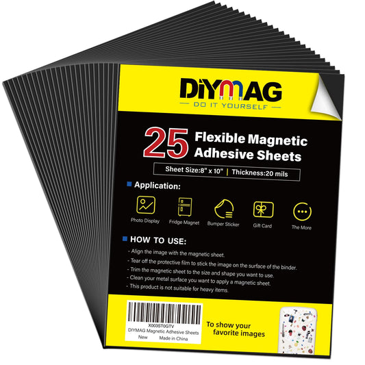 DIYMAG Magnetic Adhesive Sheets, |8" x 10"|, 25 Pack ，Magnetic Sheets with Adhesive Backing，Flexible Magnet Sheets for Crafts, Photos and Die Storage, Easy Peel and Stick，Easy to Cut into Any Size