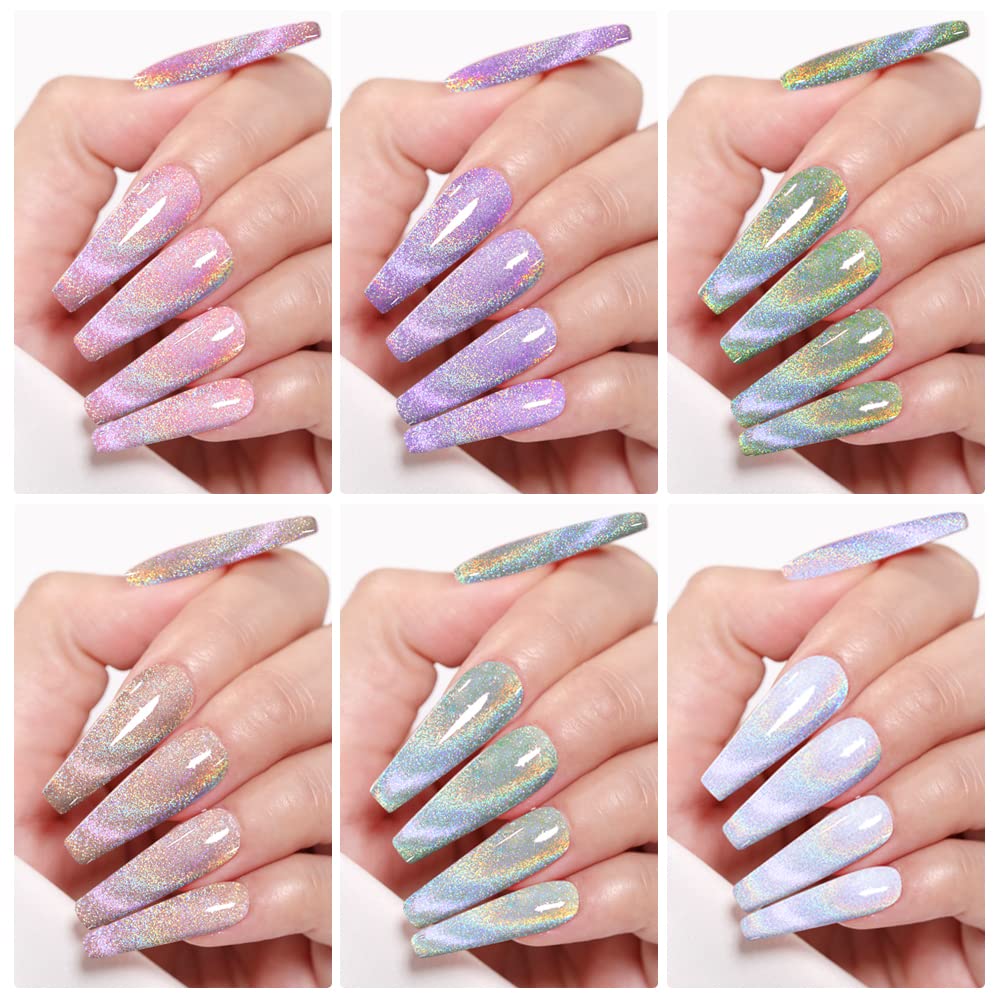 MIZHSE Rainbow Cat Eye Gel Nail Polish Magnetic Gel Nail Polish Holographic Gel Polish with 1PC Universal Rainbow Cat Eye Gel Soak Off UV LED Gel Nail Polish Set with 1 Magnet Stick -8PCS