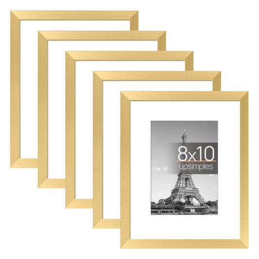 upsimples 8x10 Picture Frame Set of 5, Display Pictures 5x7 with Mat or 8x10 without Mat, Wall Gallery Photo Frames, Gold