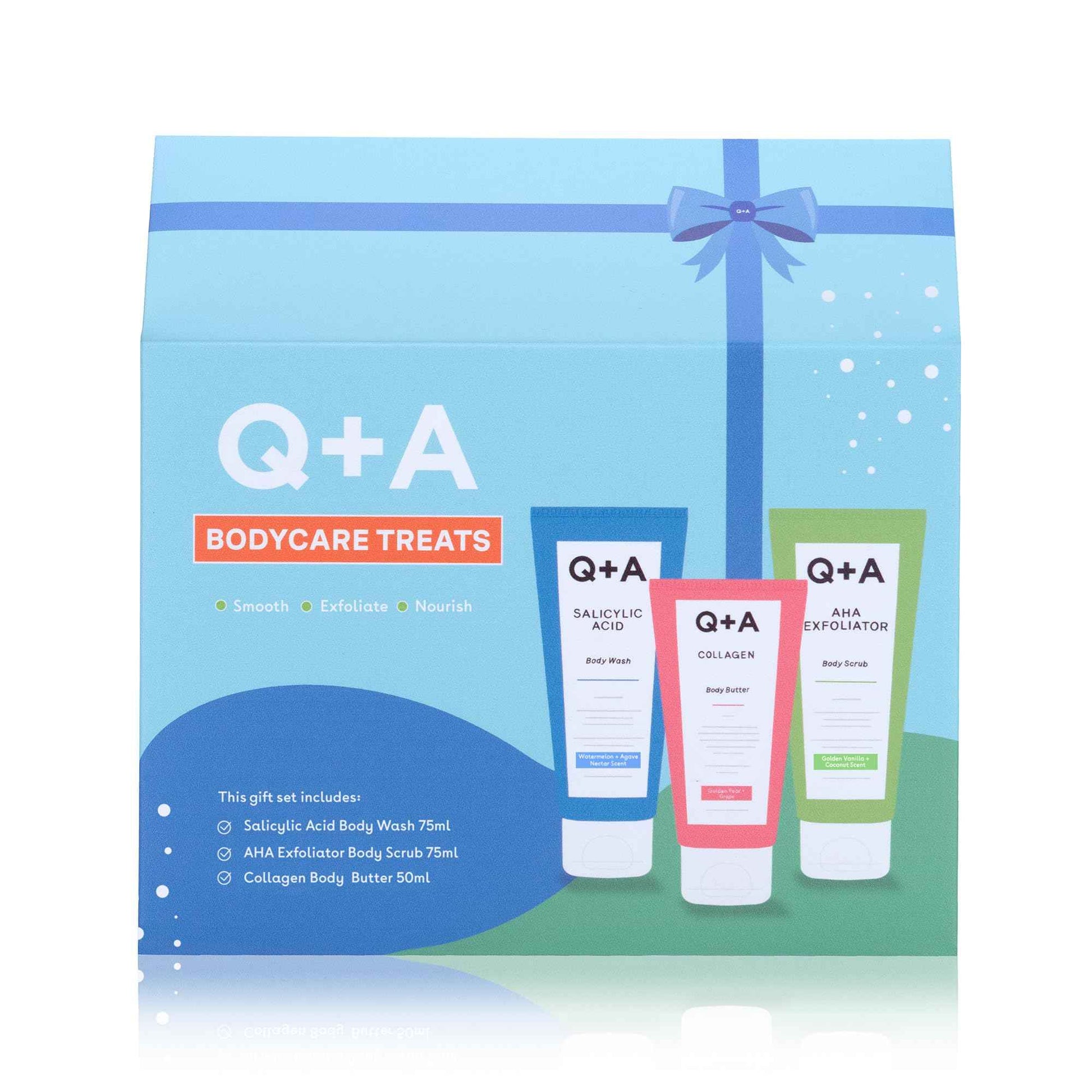 Q+A Bodycare Treats Gift Set, 3-Step Routine for Smooth, Soft Skin, Salicylic Acid Body Wash (75ml), AHA Body Scrub (75ml) & Collagen Body Butter (50ml), Stocking Stuffers and Travel Size Toiletries