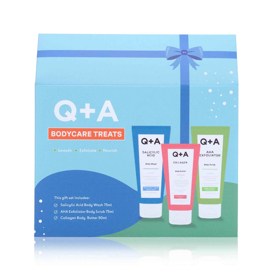 Q+A Bodycare Treats Gift Set, 3-Step Routine for Smooth, Soft Skin, Salicylic Acid Body Wash (75ml), AHA Body Scrub (75ml) & Collagen Body Butter (50ml), Stocking Stuffers and Travel Size Toiletries