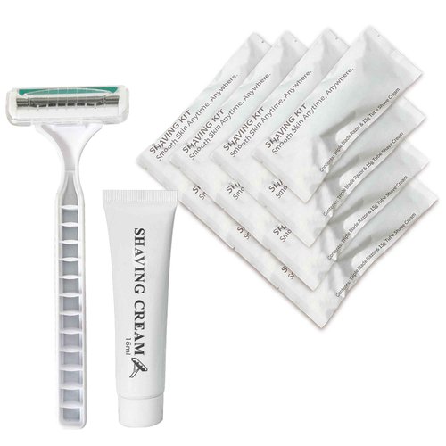 50 Pack Shave kit in Bulk 3 Blades Shave Disposable Razor with Protective Cap 12g Cream Individually Wrapped Paper Box for Hotel,Airbnb, Homeless,Shelter Camping Travel On The Go