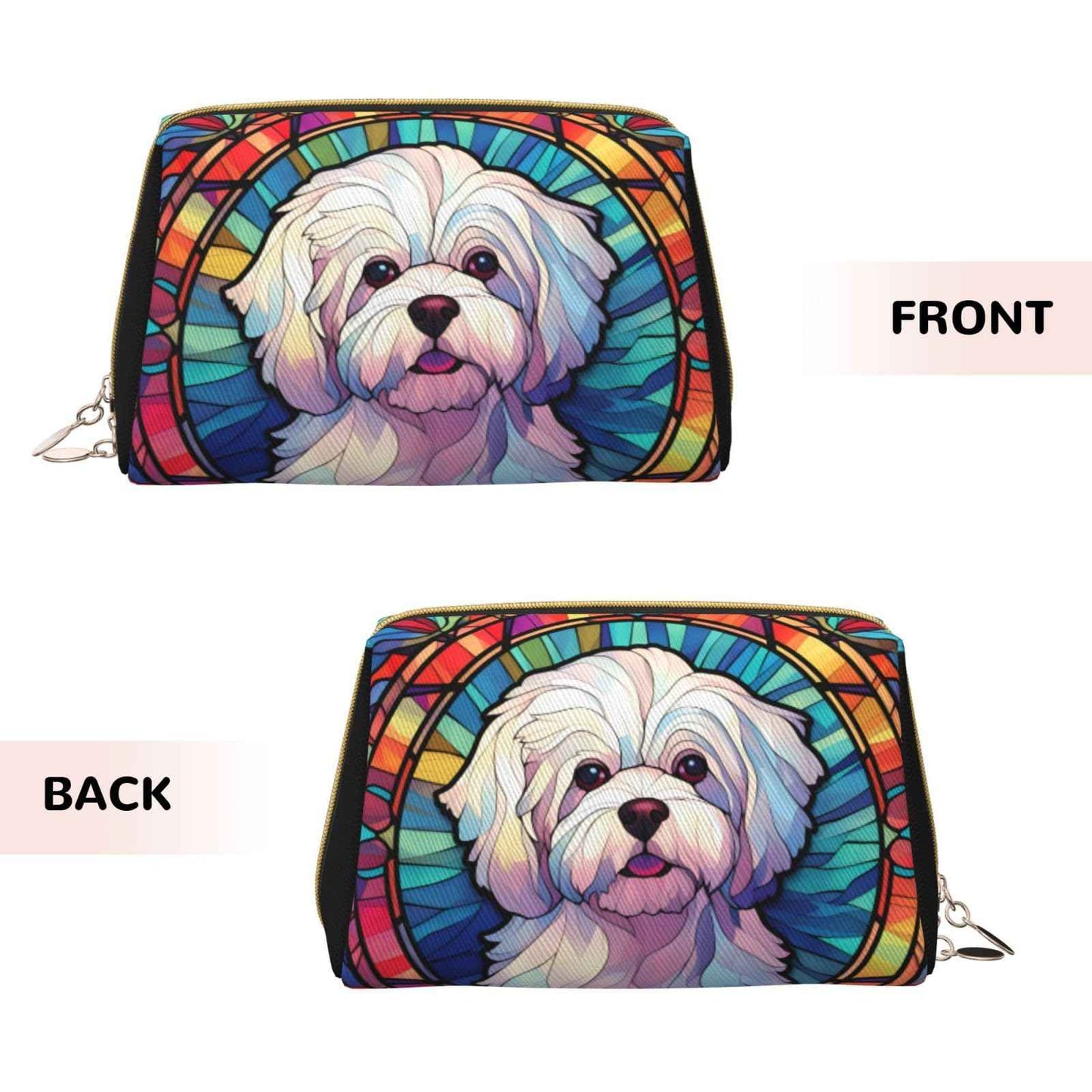 Novgift Maltese Stained Dog Breed Glass Art Leather Makeup Bag Travel Cosmetic Bag For Women Large Capacity Makeup Pouches