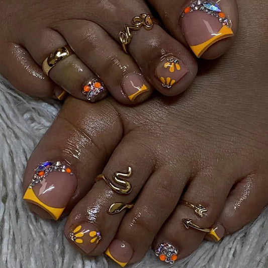 French Tip Press on Toe Nails Flowers Fake Toe Nails Glossy Yellow Toe Nail Tips False Toenails with Exquisite Rhinestones Design Full Cover Nude Short Square Stick on Toenails for Women and Girls