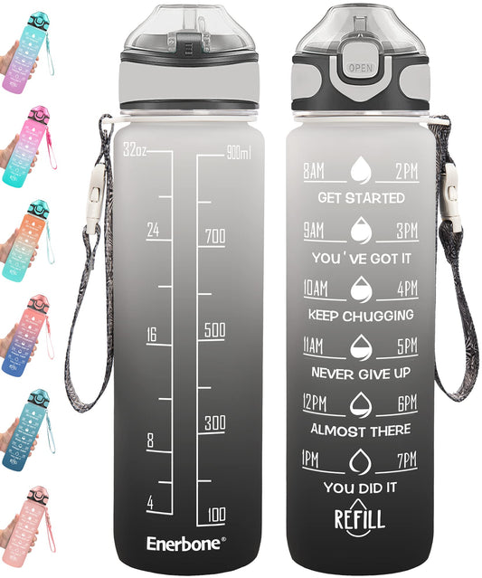 Enerbone 32 oz Drinking Water Bottle with Times to Drink and Straw, Motivational with Carrying Strap, Leakproof BPA & Toxic Free, Ensure You Drink Enough Water for Fitness Gym Outdoor