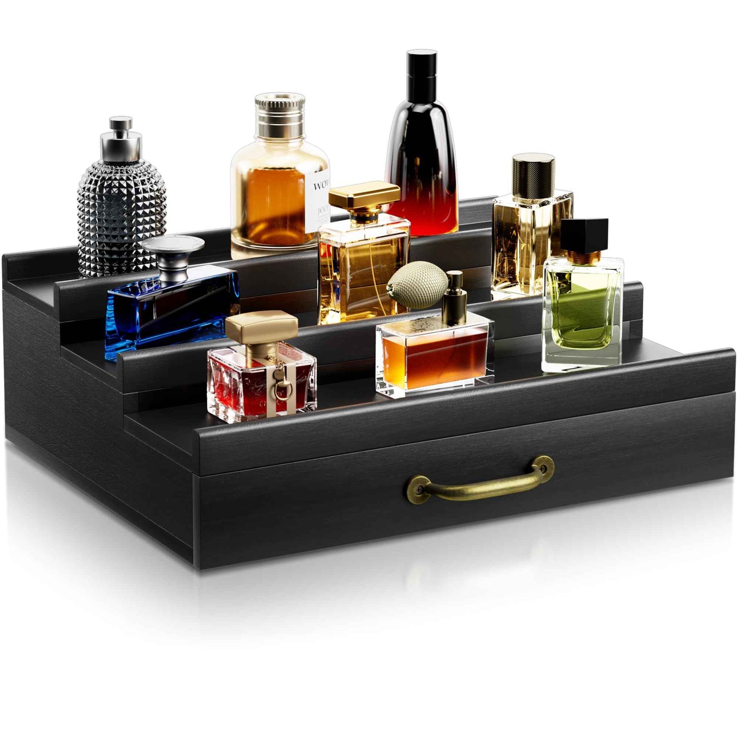 YIKIBOX Cologne Organizer for Men,Wooden Perfume Organizer with Hidden Compartment and Drawer,Cologne Stand and Storage Display Risers for Dresser,Great Gift for Men/Friend(Black)