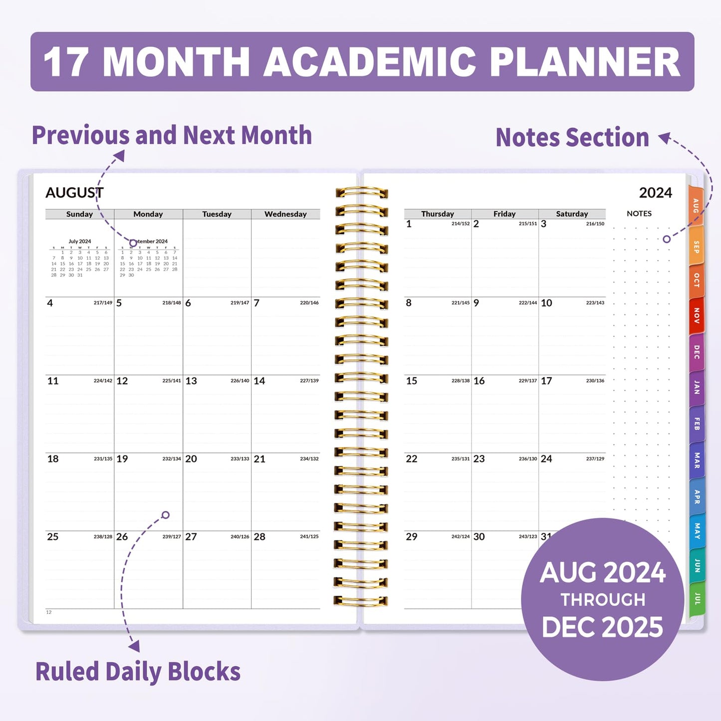 SUNEE Academic Planner 2024-2025 Weekly and Monthly - from August 2024 - December 2025, 6.4"x8.3" School Year Calendar Daily Planner with Monthly Tab, Flexible Cover, Note Pages, Pockets, Bookmark, Spiral Binding, Purple