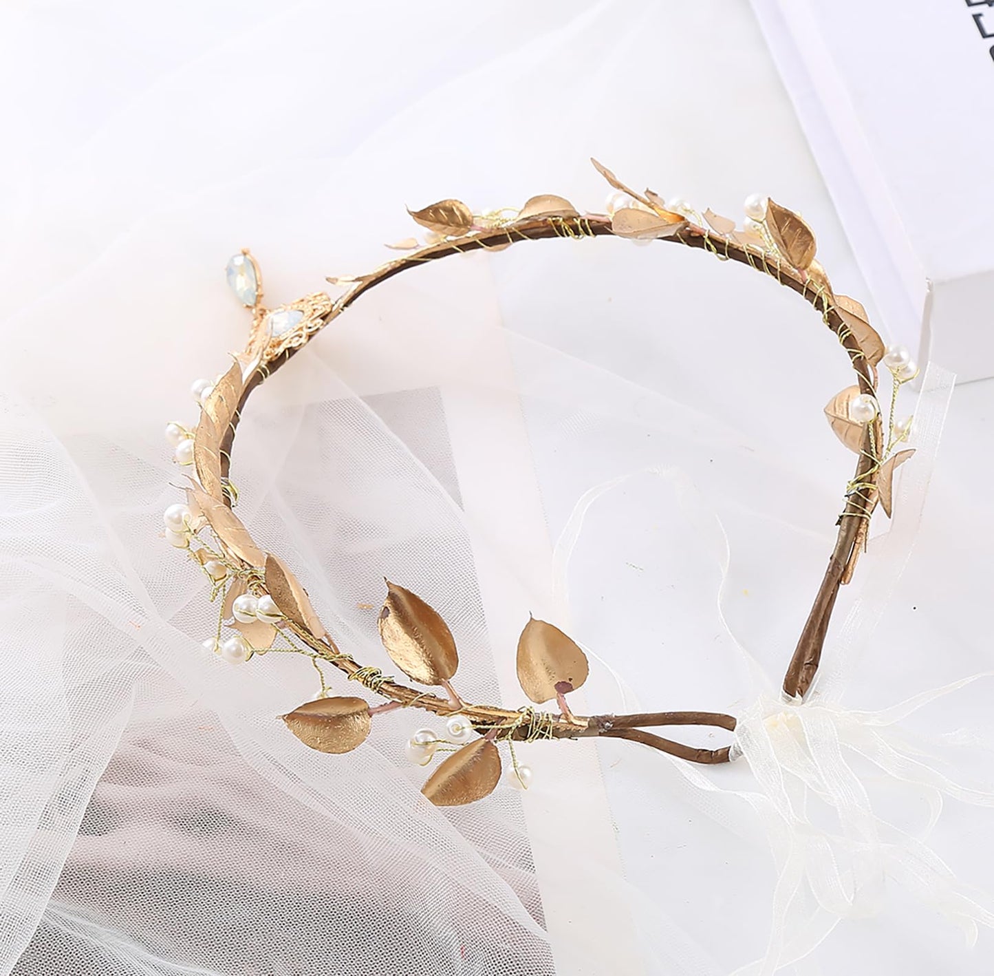 Trepveter Golden Fairy Crown Floral Headband Elf Flower Headpiece Woodland Forest Even Circlet for Women Girls Cosplay Halloween Bridal Wedding Photo Props Renaissance Prom