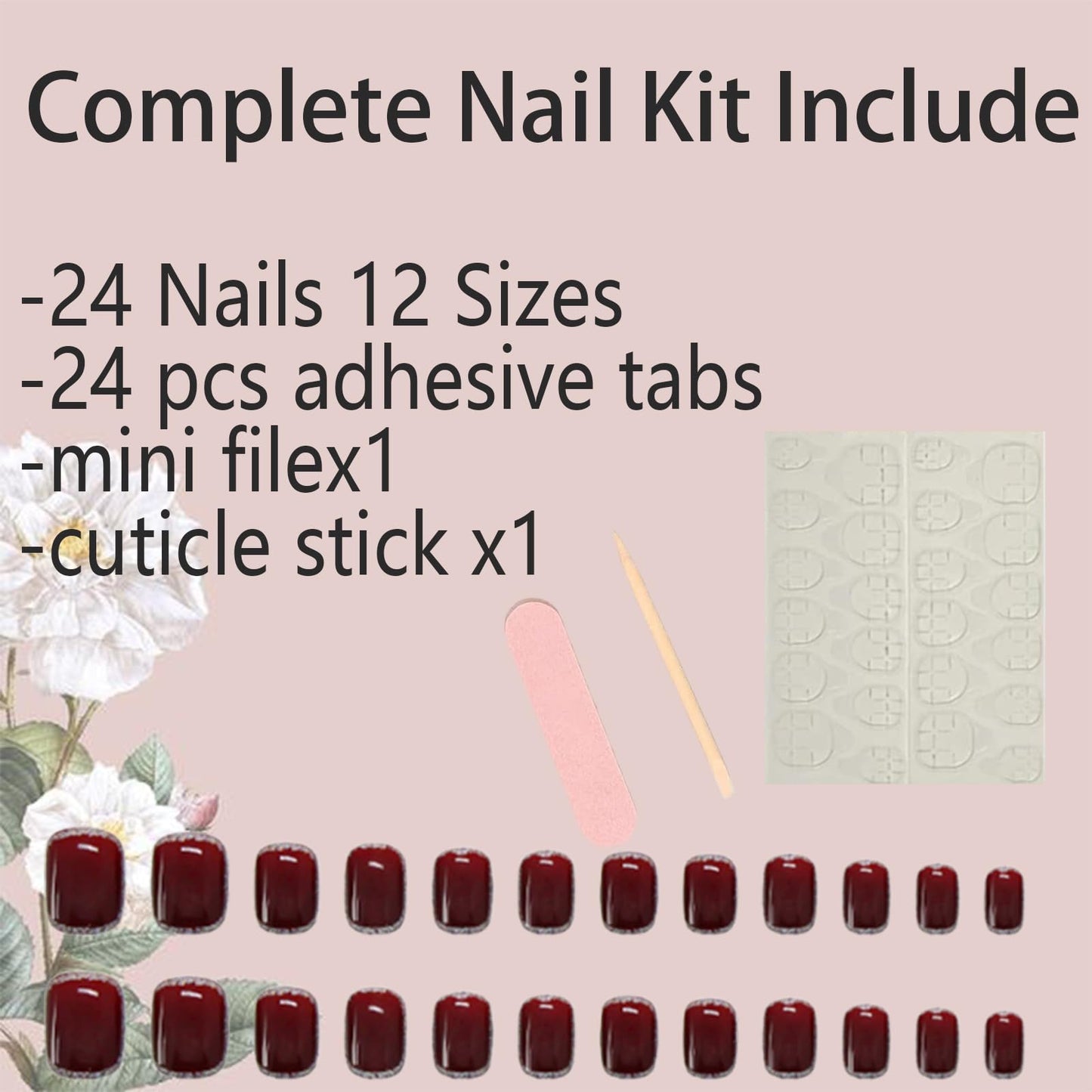 Short Press on Nails Square Red Rose Sliver Foil Fake Nails Dark Red Luxury Marble Silver Foil Surround in Glitter Designs Full Cover Stick on Nails Glossy Artificial False Nails for Women 24Pcs