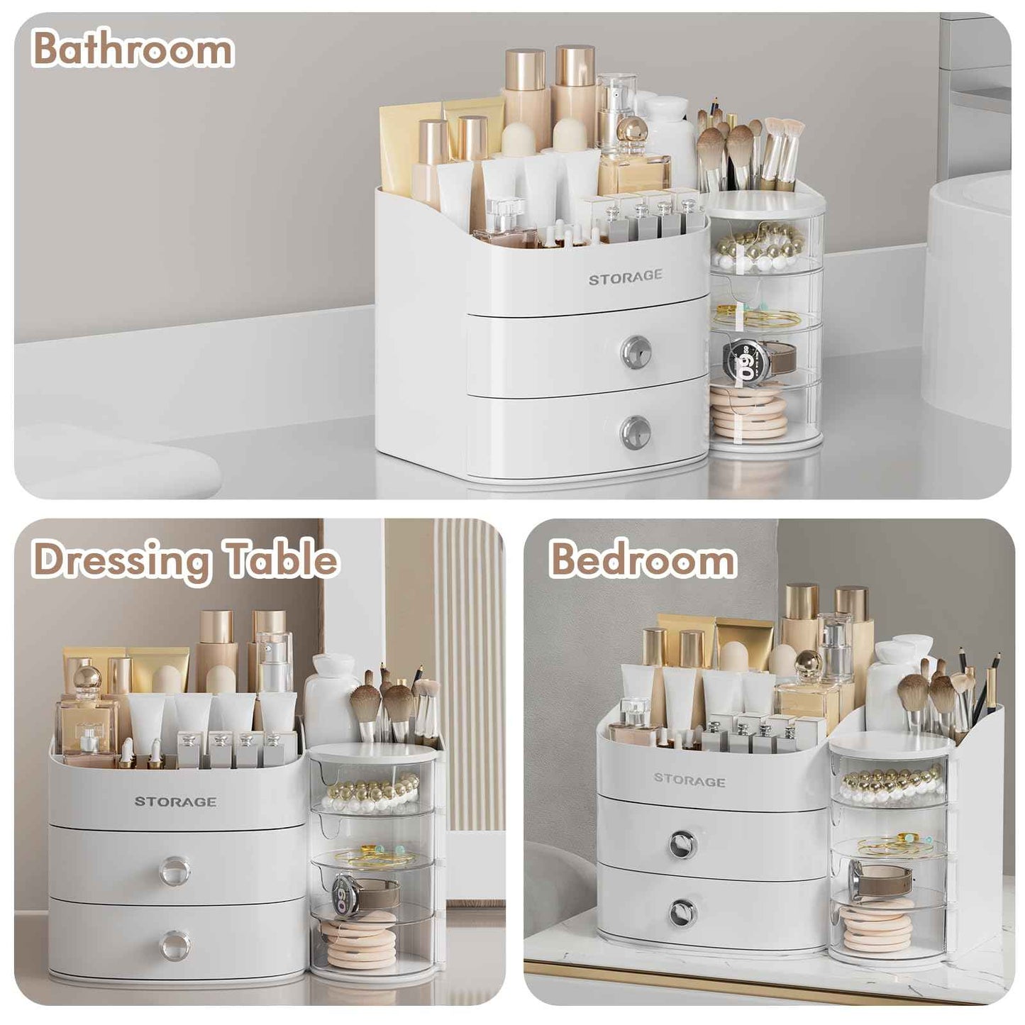 Makeup Organizer Countertop with Drawers, Make up Organizers for Vanity, Skincare Jewelry Earring Organizers, Cosmetic Display Cases Makeup Storage for Bedroom & Bathroom, Ideal Gifts for Women(White)