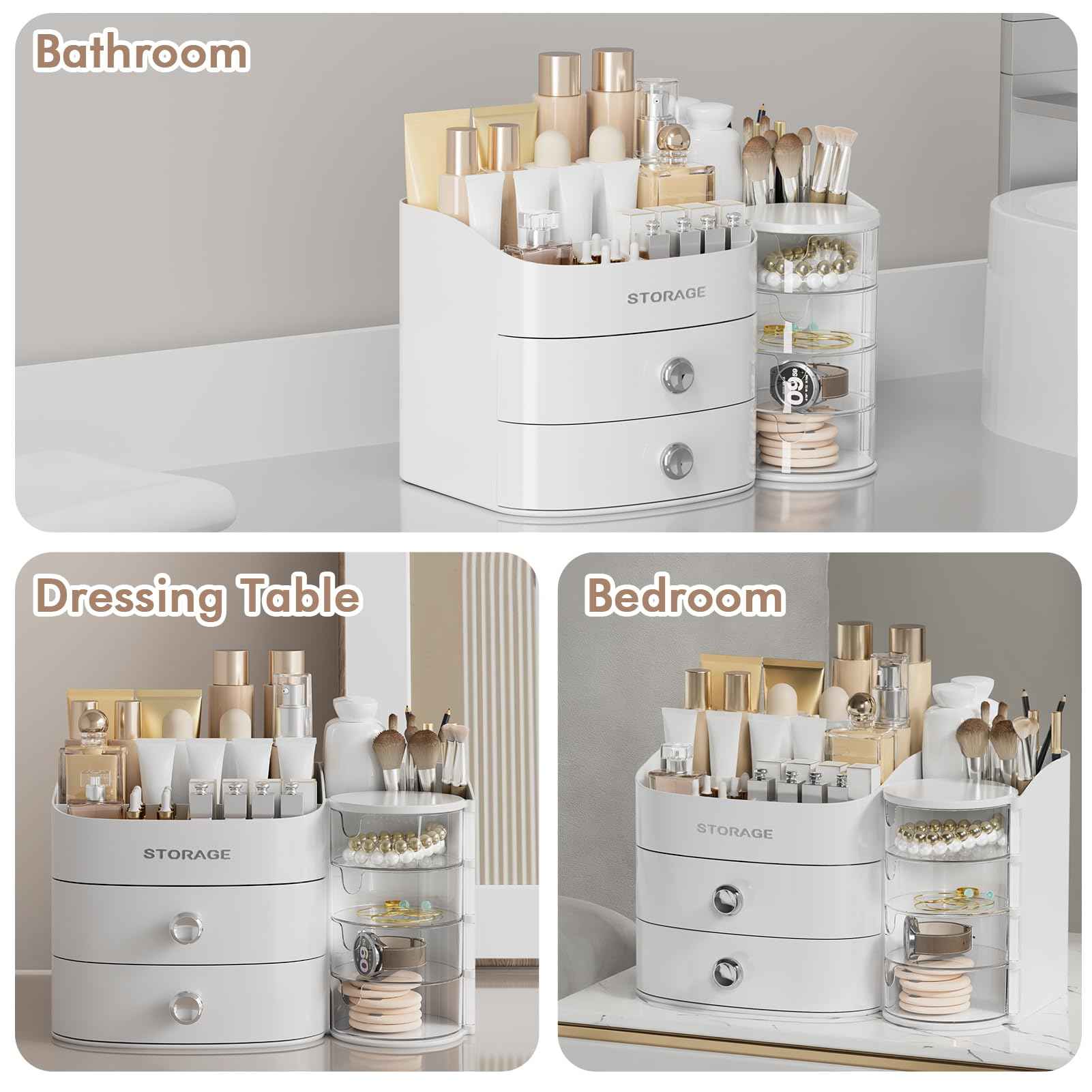 Makeup Organizer Countertop with Drawers, Make up Organizers for Vanity, Skincare Jewelry Earring Organizers, Cosmetic Display Cases Makeup Storage for Bedroom & Bathroom, Ideal Gifts for Women(White)