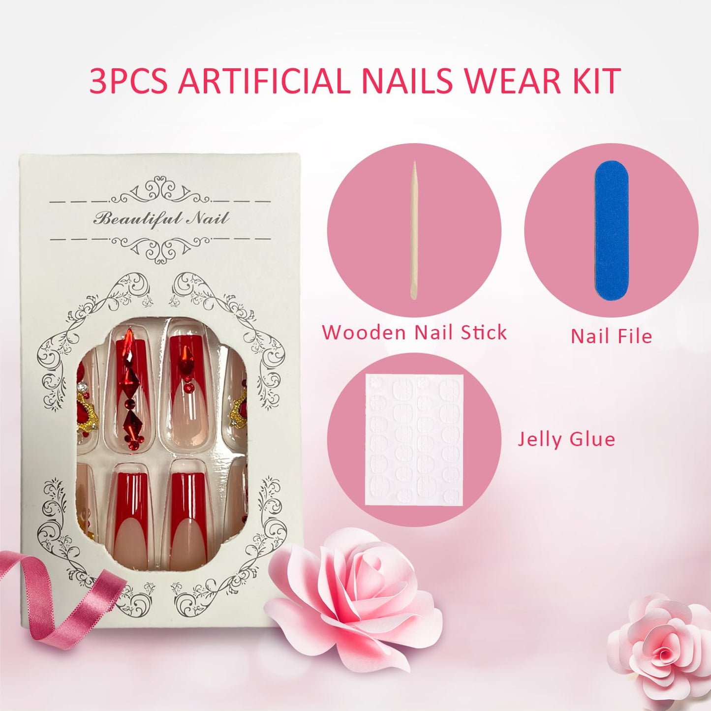 Generic Red French Tip Press on Nails Square Long Fake Nails With Red Rhinestones Designs Full Cover False Nails Acrylic Stick on Nails Reusable Artificial Nails for Women Girls Glue on Nails 24Pcs