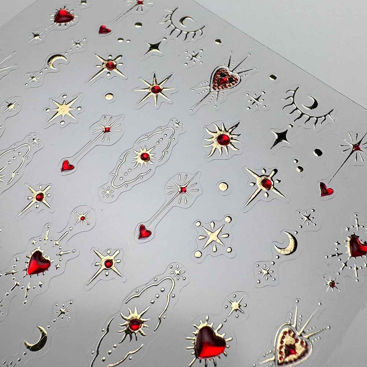 5D Embossed Gold Star Nail Stickers - Red Heart & Moon Nail Art Stickers for Valentine's Day DIY Manicure