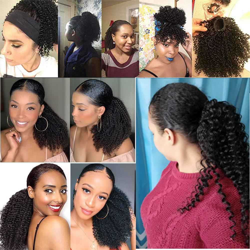 Kiss darling LASHES Kinkys Coily Human Hair Ponytail Extensions, Black Ponytail Extension Short Afro Curly Wrap Around Pony Tail Hairpiece for Women 12inch 100g,Natural Black 1b
