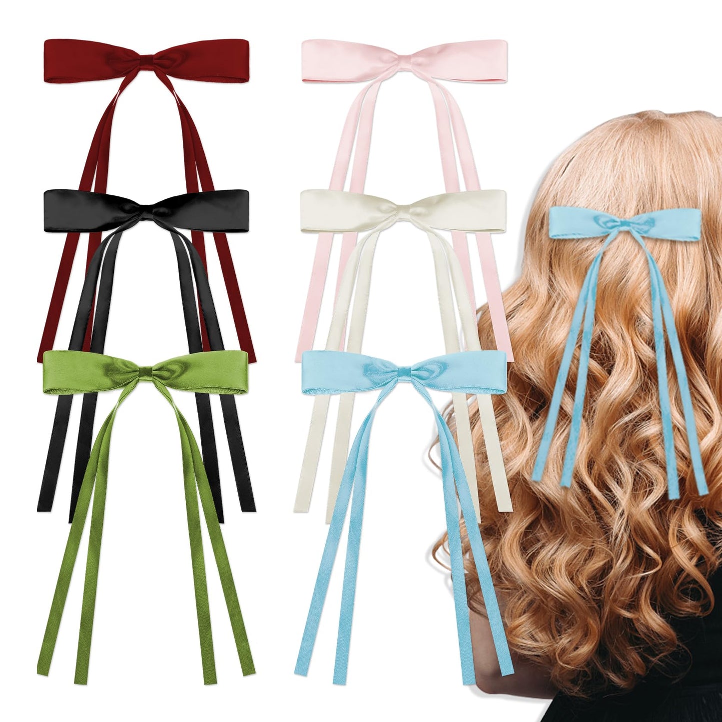 KANPRINCESS Hair Accessories Set: 6 Satin Barrettes with Tassels, Long Ribbon Bows, and Bow Knots for Women and Girls