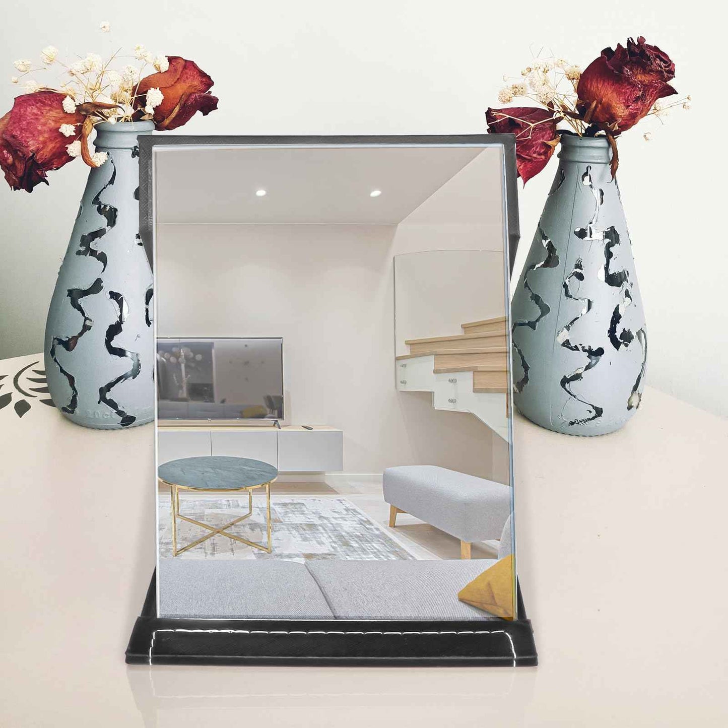 Yatnks 7x10 Inches Makeup Mirror, Portable PU Leather Folding Desktop Vanity Mirror with Adjustable Stand for Vanity Table, Office, Travel (L, Black)