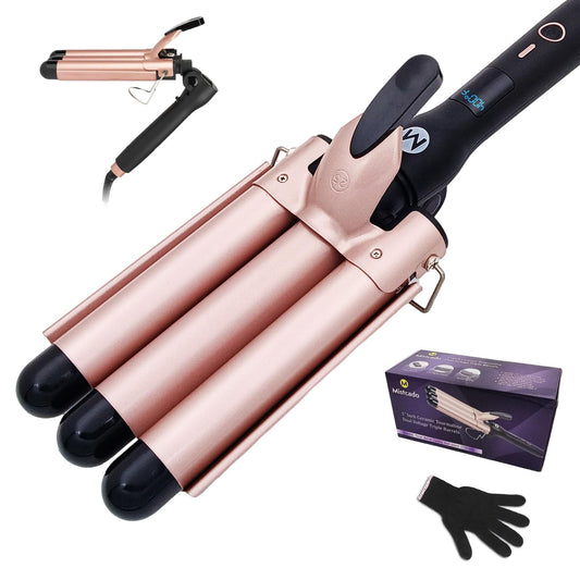 Mistcado 3 Barrel Curling Iron, 1 Inch Ceramic Tourmaline Hair Waver Wand with LCD Temperature Display, Fast Heating Foldable Crimpers for Travel Glove Included (Gold)