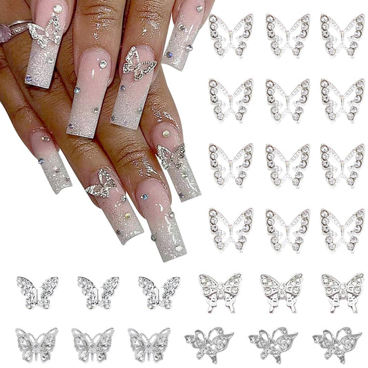 VOTACOS 3D Alloy Butterfly Nail Art Charms 24 PCS Silver Gold Butterfly Nail Decoration with Gems and Rhinestones for Nail Crystals Design Butterflies Nail Art Jewels Accessories DIY Nail Supplies.